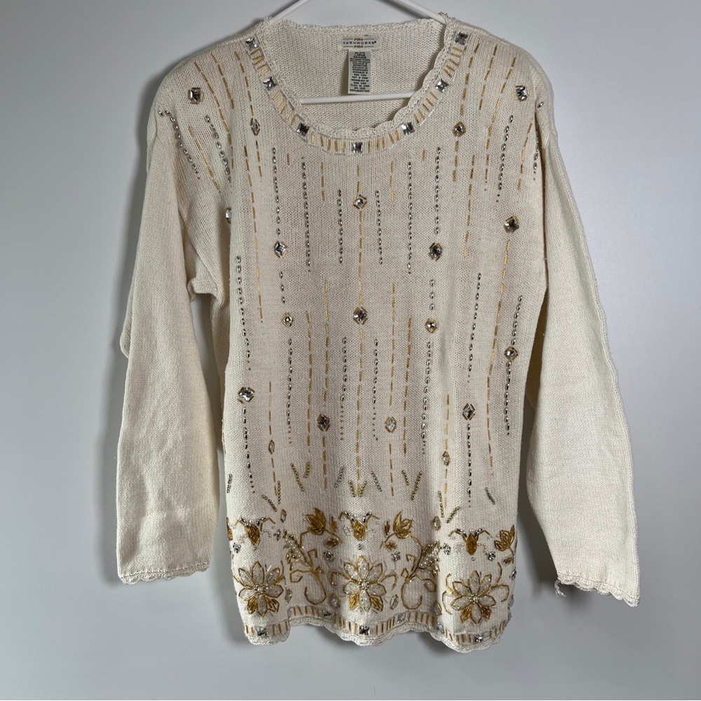 Vintage Yarnworks Off White Embroidered Beads Cascading design Xmas Sweater